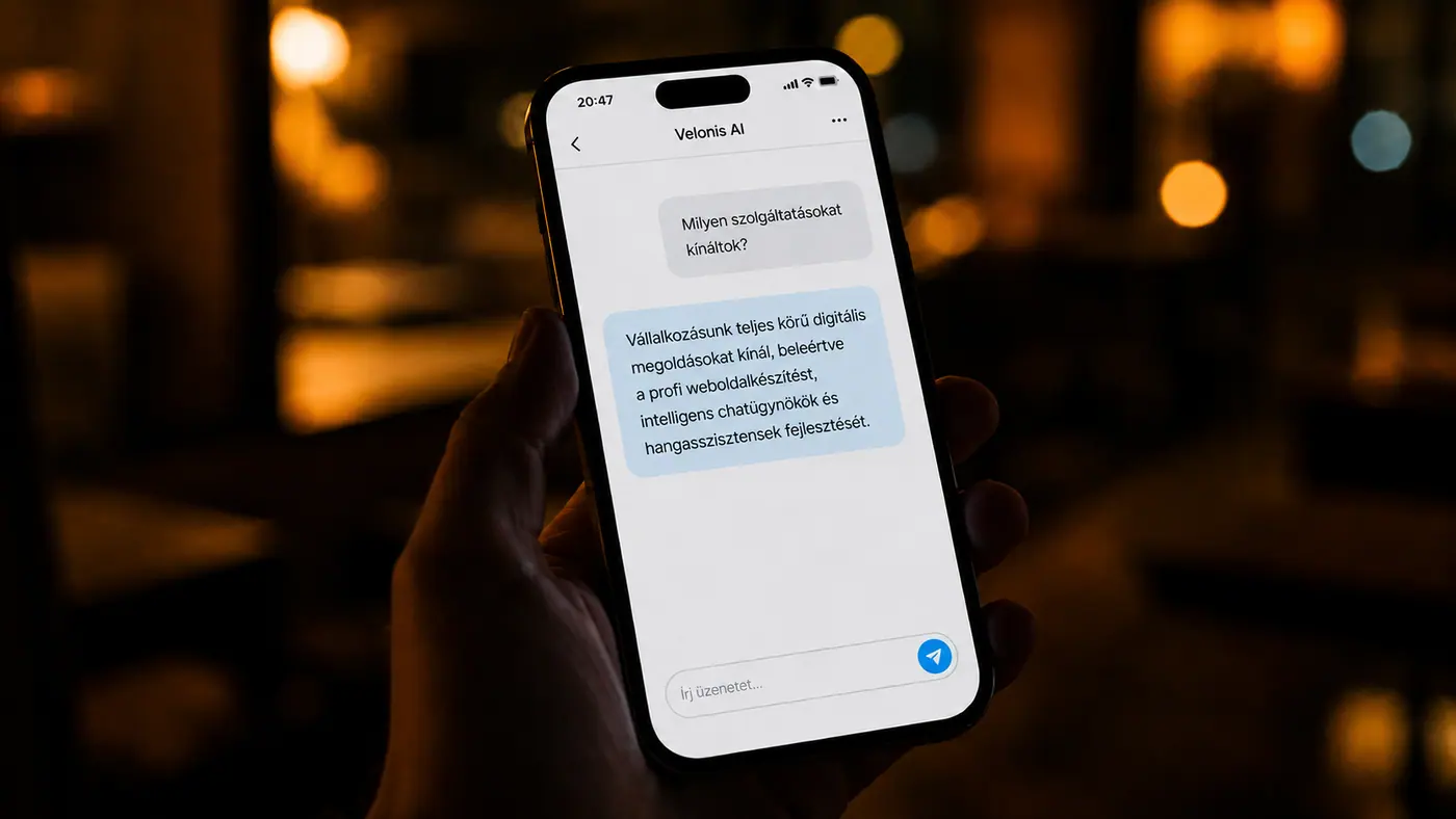 AI chat asszisztens beszélgetés mobiltelefon képernyőjén — Velonis