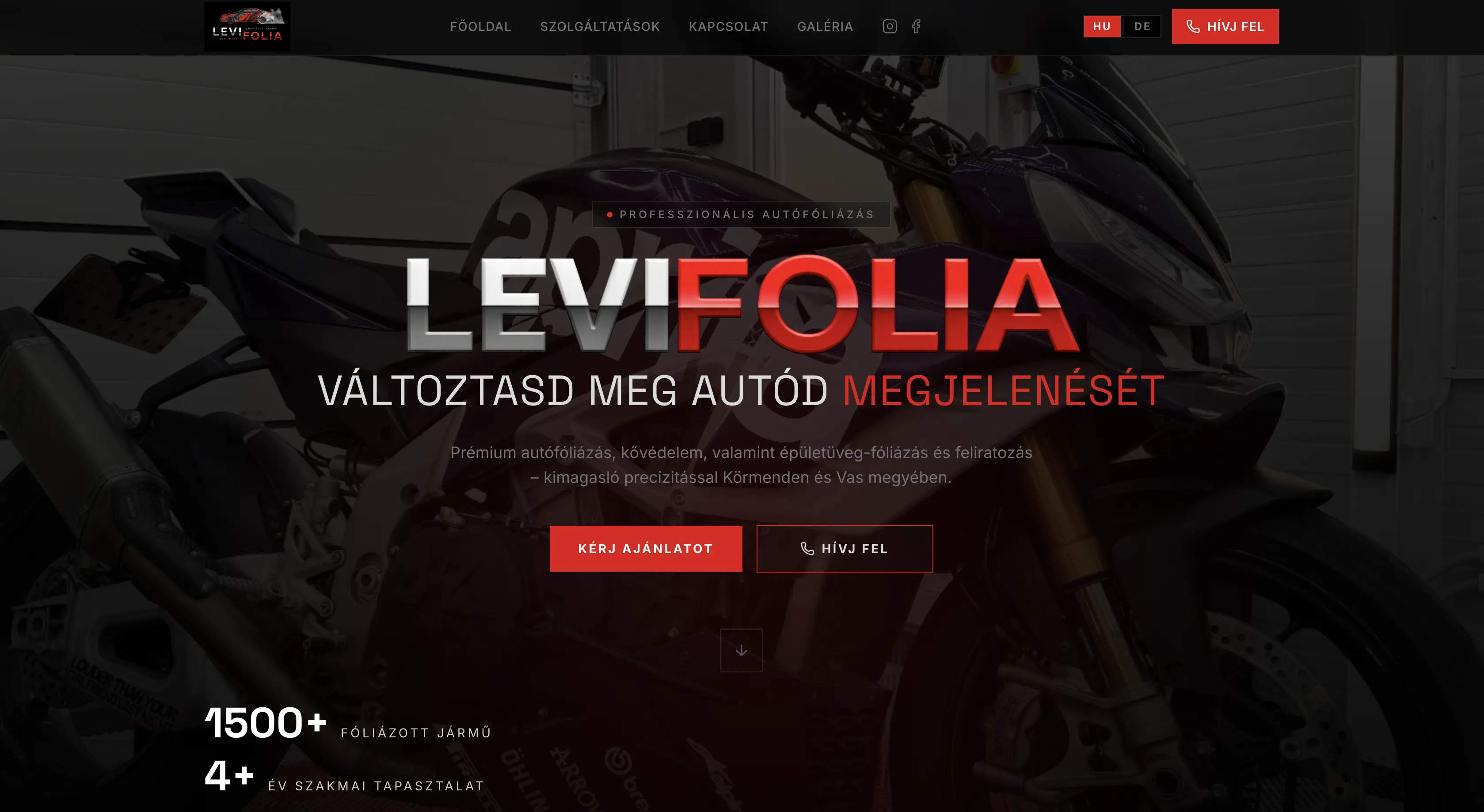 Levifolia weboldal — fóliázó vállalkozás landing oldala, készítette a Velonis